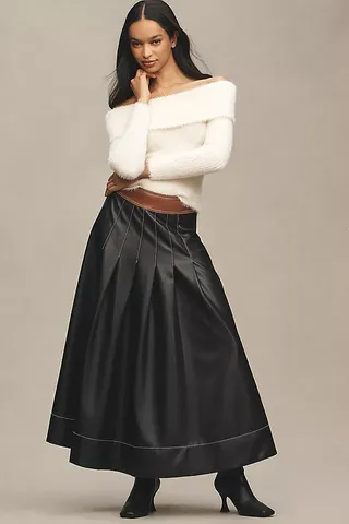 By Anthropologie Faux-Leather Colourblock Pleated Maxi Skirt