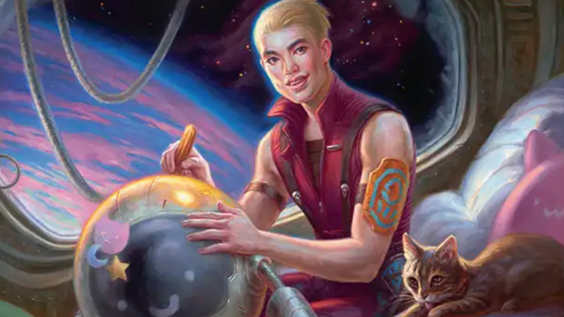 A young person smiles at the foreground whilst repairing a smiling robot, with a cat beside them and a viewport showing a planet in the background