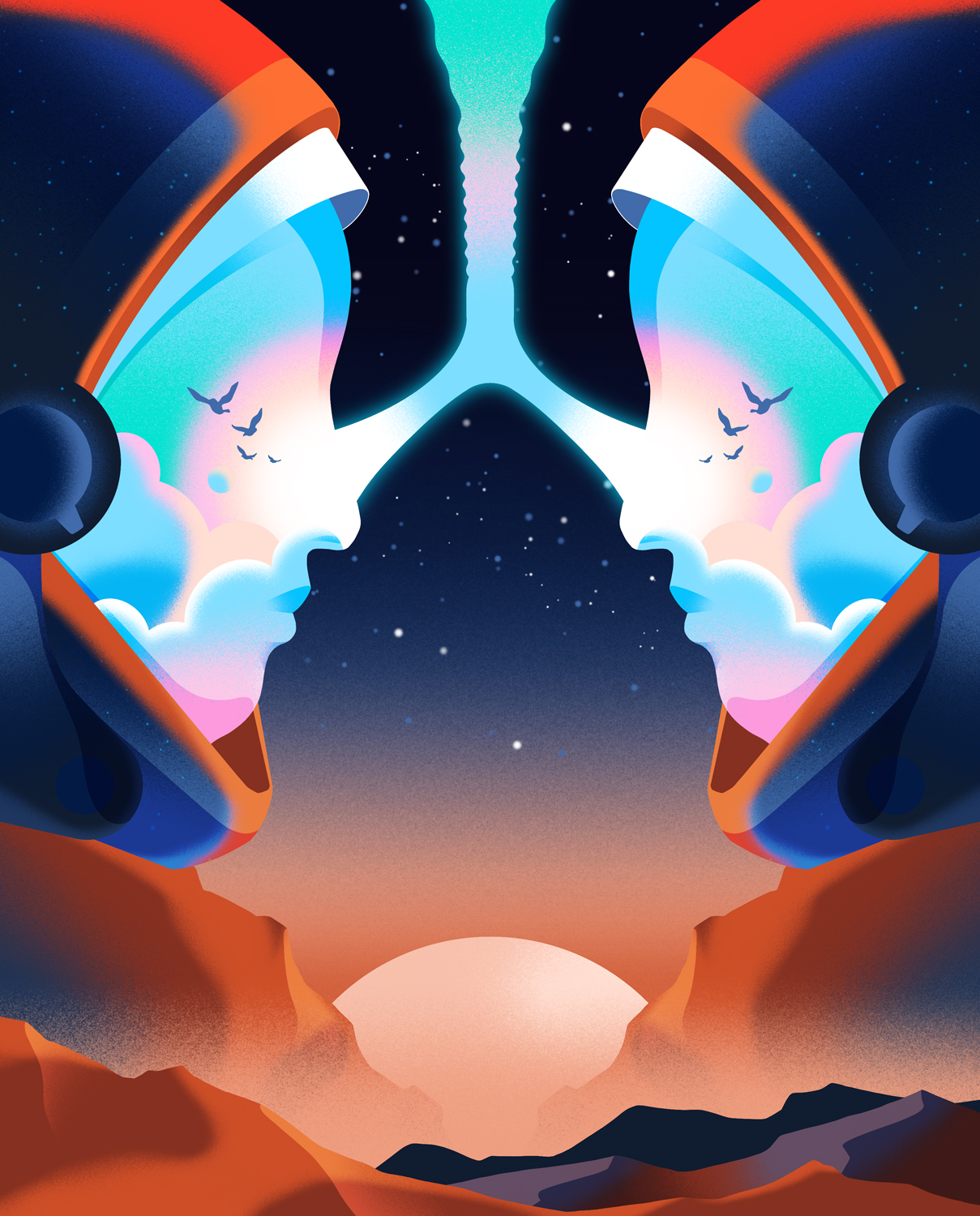 A stylized illustration depicts two profile silhouettes of astronauts facing each other, their visors revealing serene blue skies, clouds, and flying birds against a starry space background.