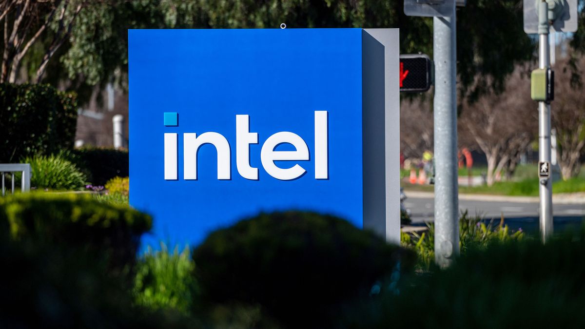 Intel&amp;#039;s updated logo on a sign outside one of its offices