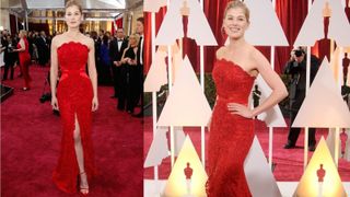 Rosamund Pike wearing a red lace dress on the Oscars red carpet