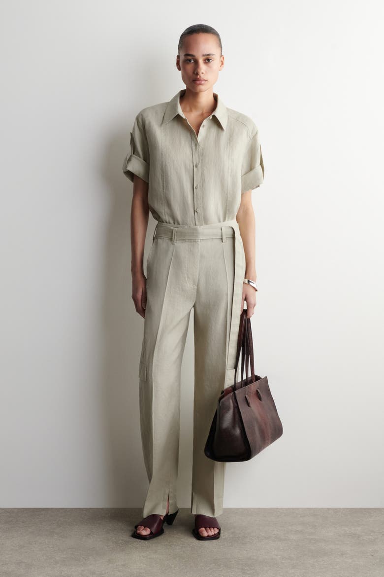 Belted Linen Barrel-Leg Pants