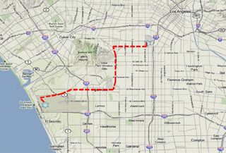 This map shows the 12-mile route the space shuttle Endeavour will take from Los Angeles International Airport (lower left) to the California Science Center on Oct. 12-13, 2012.