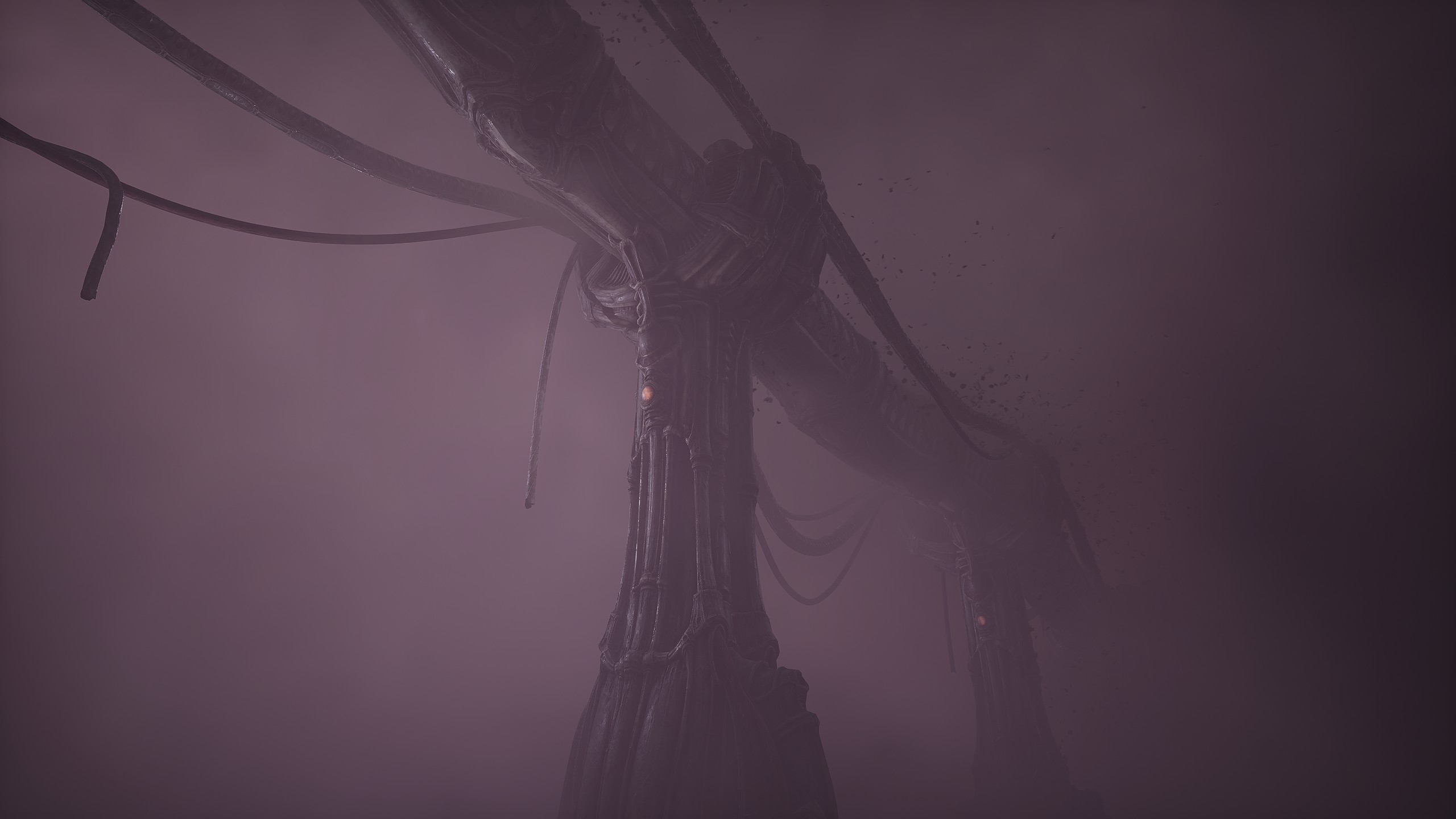colunas insetoides sustentando algum tipo de ponte suspensa pouco visível através da neblina lilás