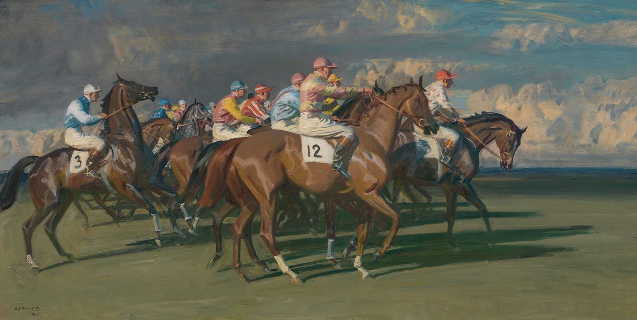 Start at Newmarket: Study No 4, about 1947, oil on panel, 36in by 72¼in, by Sir Alfred Munnings (1878–1959), Yale Center for British Art, US.