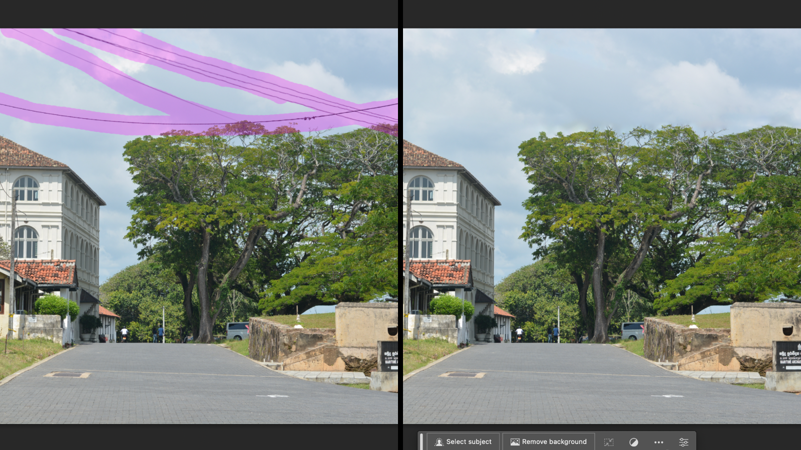 Comparison showing the effect of the Remove Tool in Adobe Photoshop CC (2023)