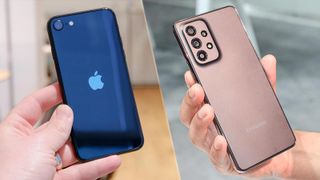 A split image showing the iPhone SE 2022 and Samsung Galaxy A53