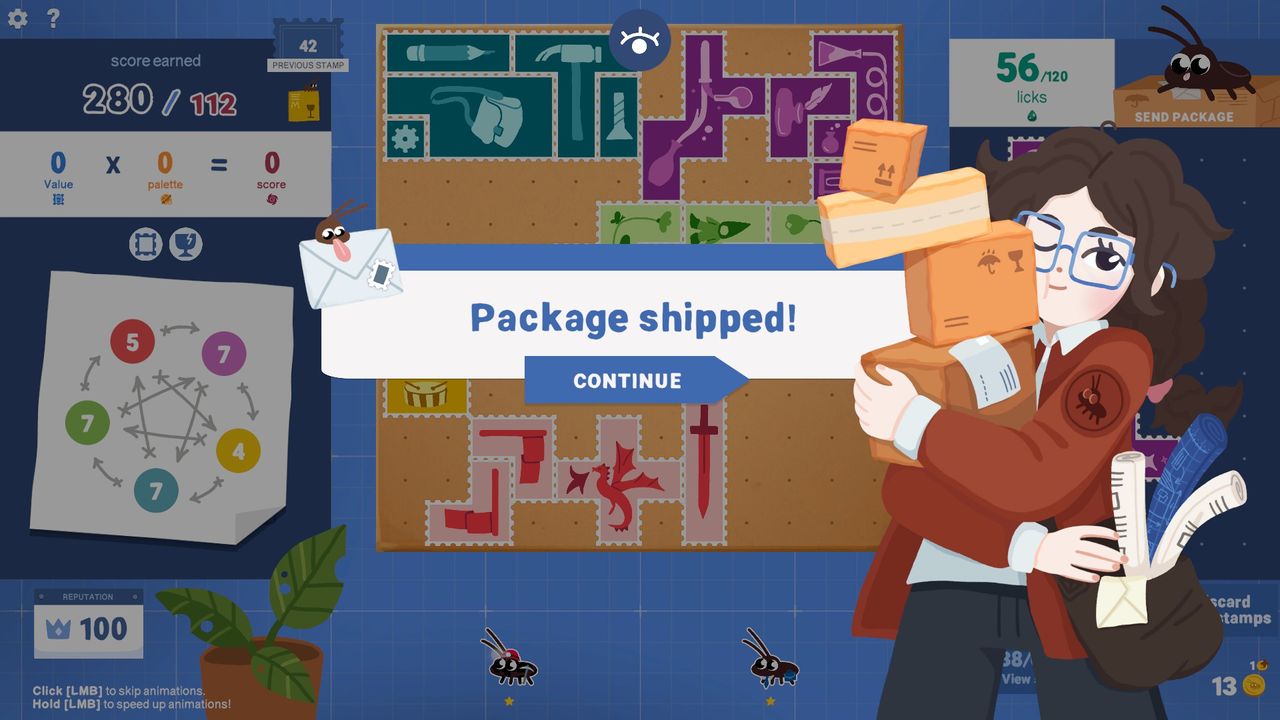 In Roach Post a pop-up with a graphic of a woman balancing parcels in her arms shows the player has a successfully shipped a package