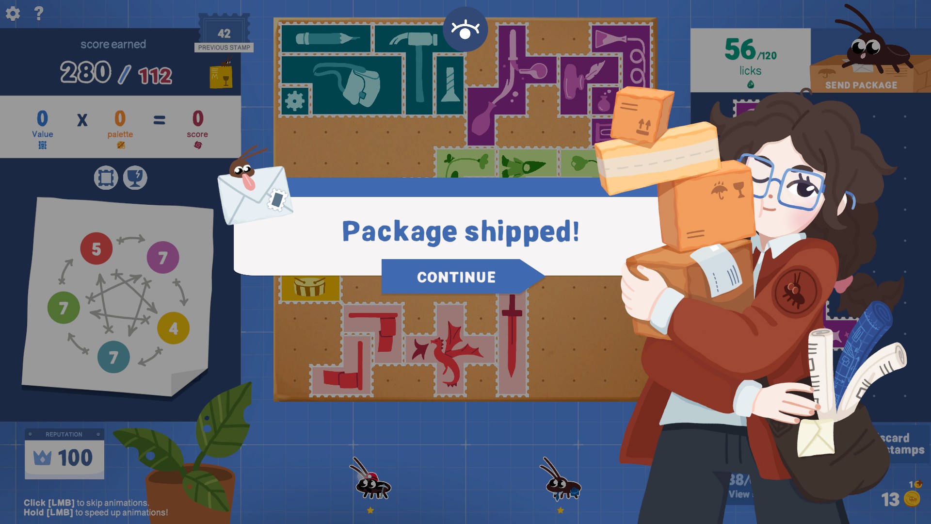 In Roach Post a pop-up with a graphic of a woman balancing parcels in her arms shows the player has a successfully shipped a package 