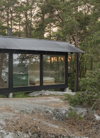 glass walls in A frame cabin