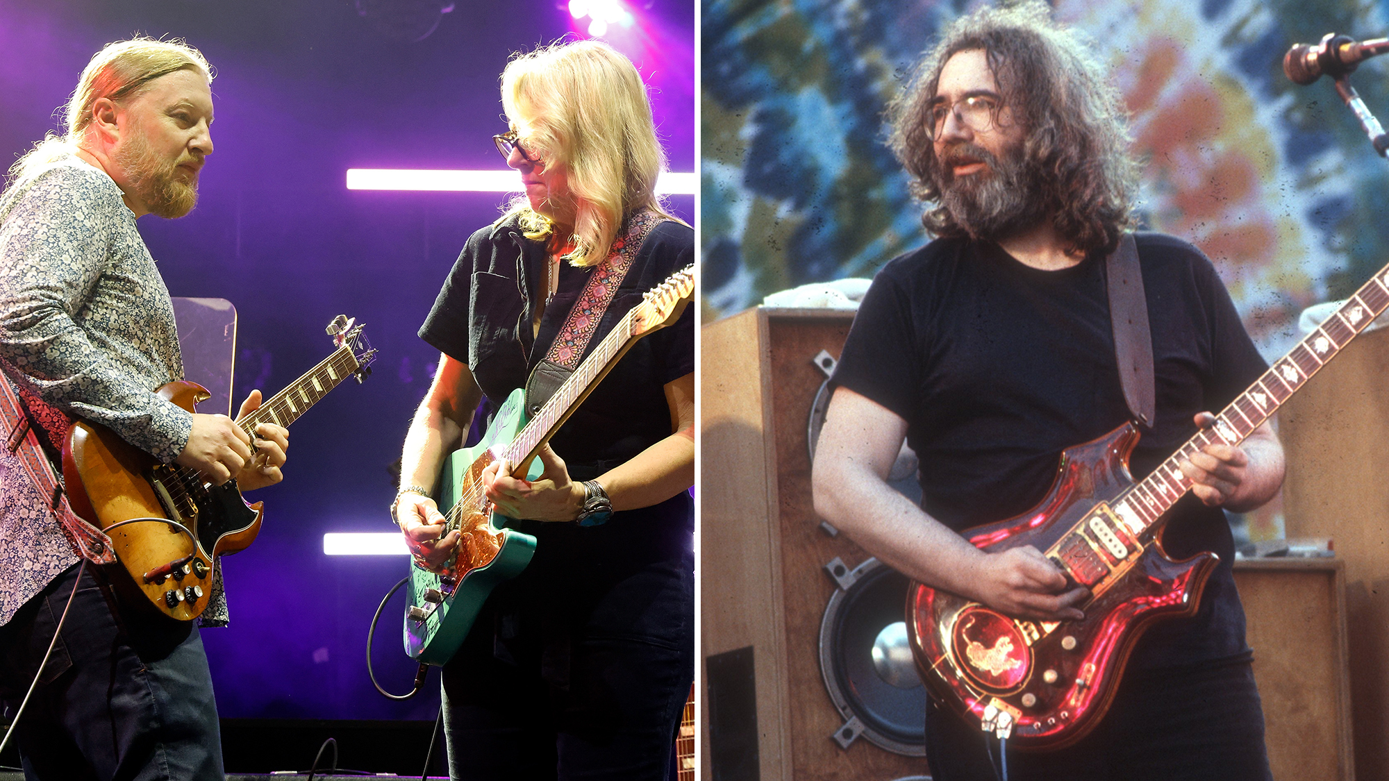 erek Trucks and Susan Tedeschi of Tedeschi Trucks Band perform as part of the "Garden Party" series at TD Garden on September 27, 2023 in Boston, Massachusetts. AND Photo of Jerry Garcia