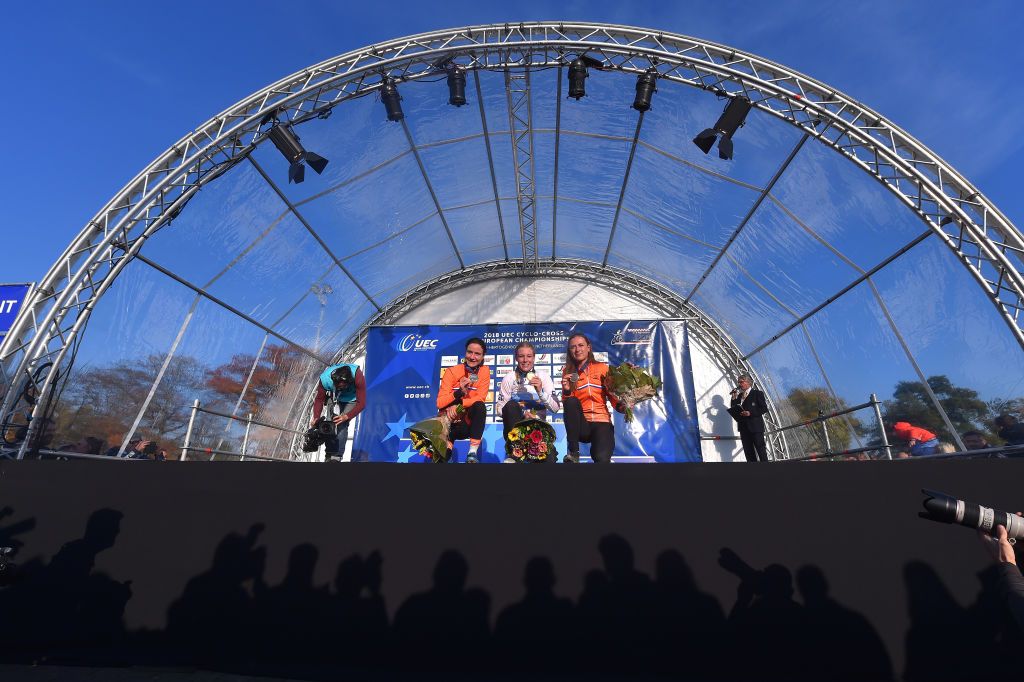 The podium in the elite women's race at the UEC Cyclo-cross Championships