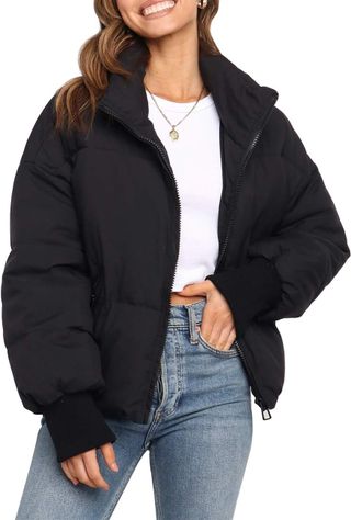 Merokeety Women's 2024 Winter Long Sleeve Zip Puffer Jacket Pockets Baggy Short Coats, Black, Xs