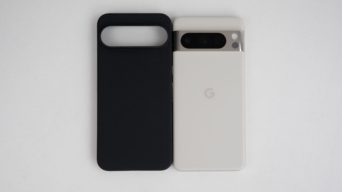 A Thinborne aramid fiber case made for an upcoming Google Pixel 9 phone alongside a Google Pixel 8 Pro