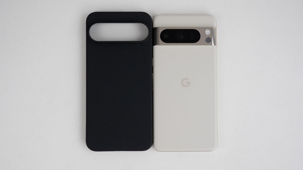 A Thinborne aramid fiber case made for an upcoming Google Pixel 9 phone alongside a Google Pixel 8 Pro