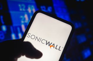 SonicWall logo displayed on a smartphone with blue background