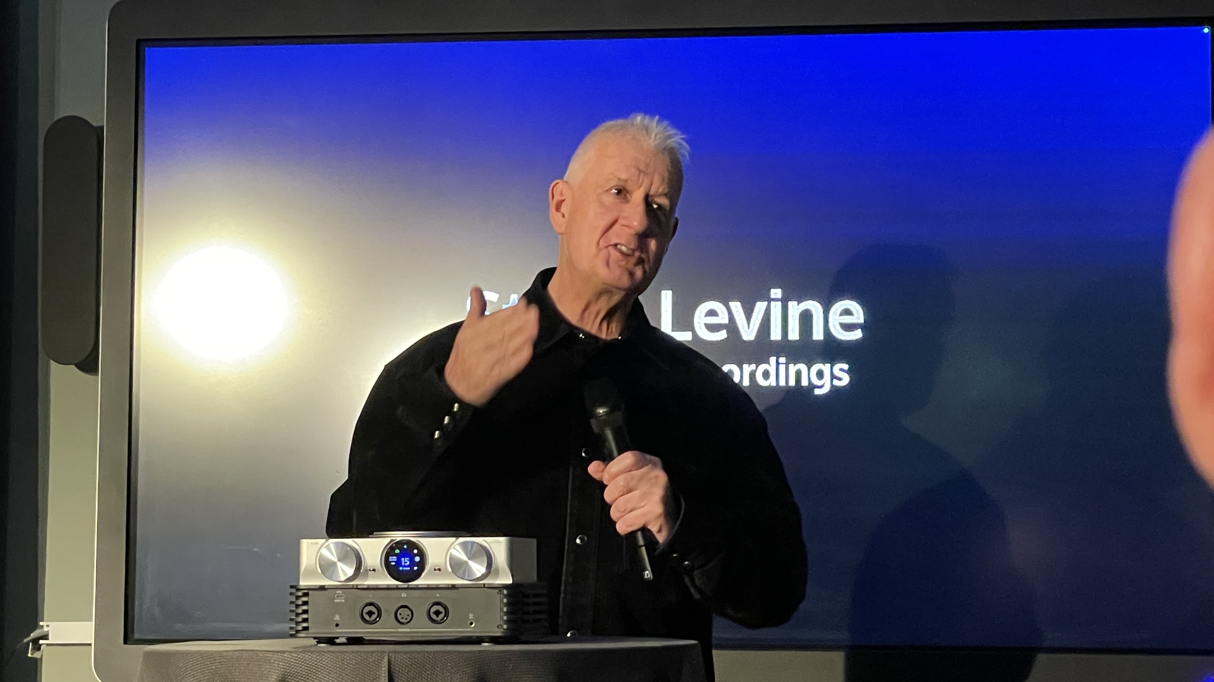 Record producer Steve Levine in front of the iFi iDSD DAC, at a prestigious London event