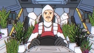 Frame of an animation by Joel Haver of a man in a space suit sitting in a cockpit surrounded by succulent plants 