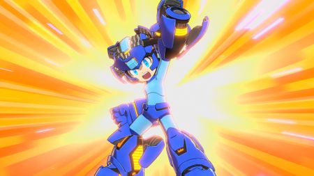 An overclocked Mega Man with a series of heatsinks exposed in Mega Man: Dual Override
