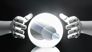 Robot hands look into a crystal ball with silicon wafers