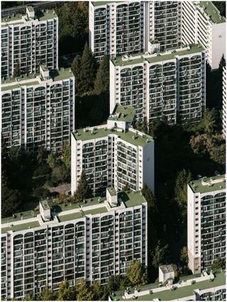 aerial view of green-roofed high-rises