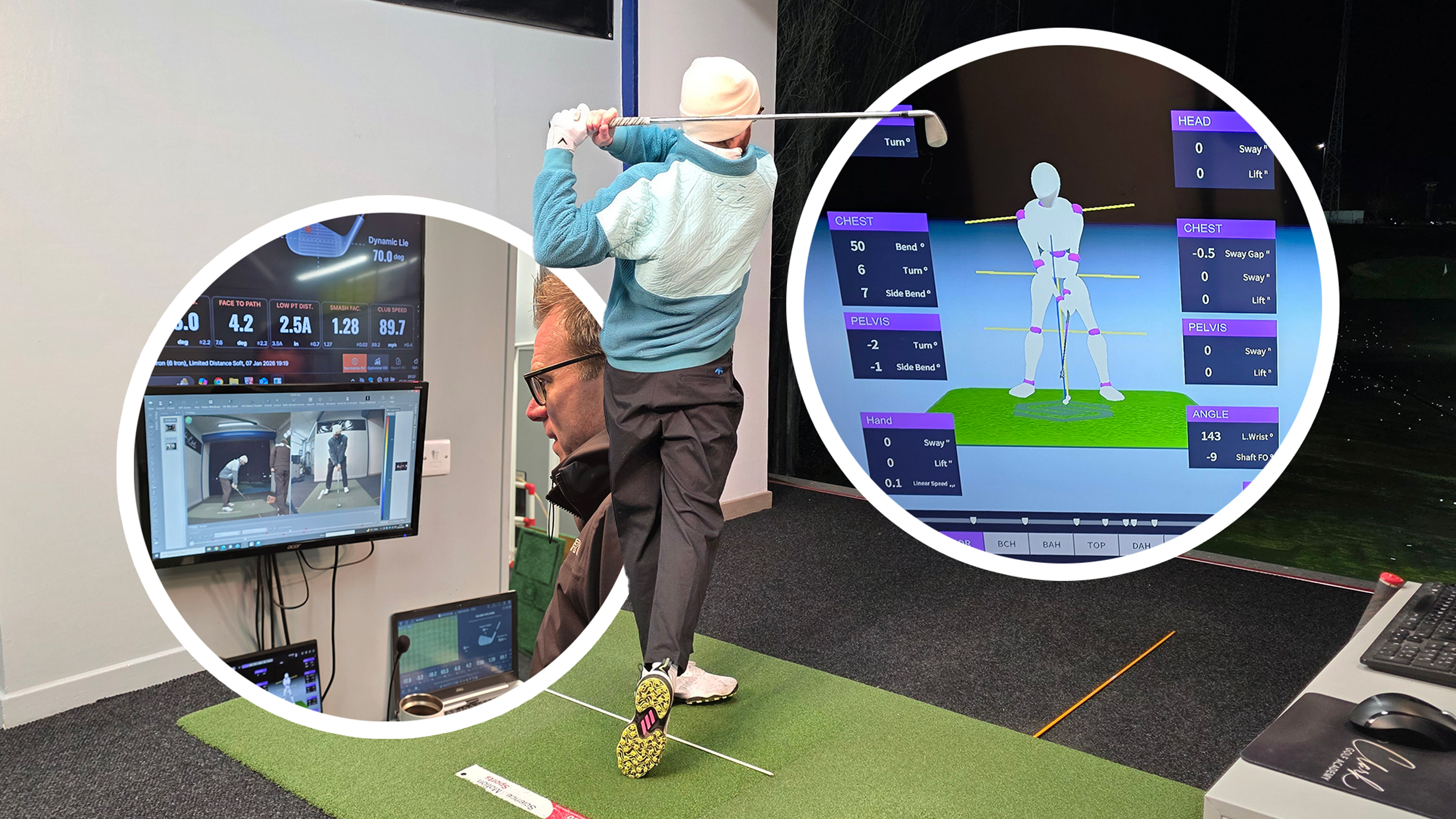 Johnny Percival at his golf lesson with Ian Clark, with inset images of Ian Clark analysing Johnny's swing data and another inset image of data pertaining to Johnny's setup