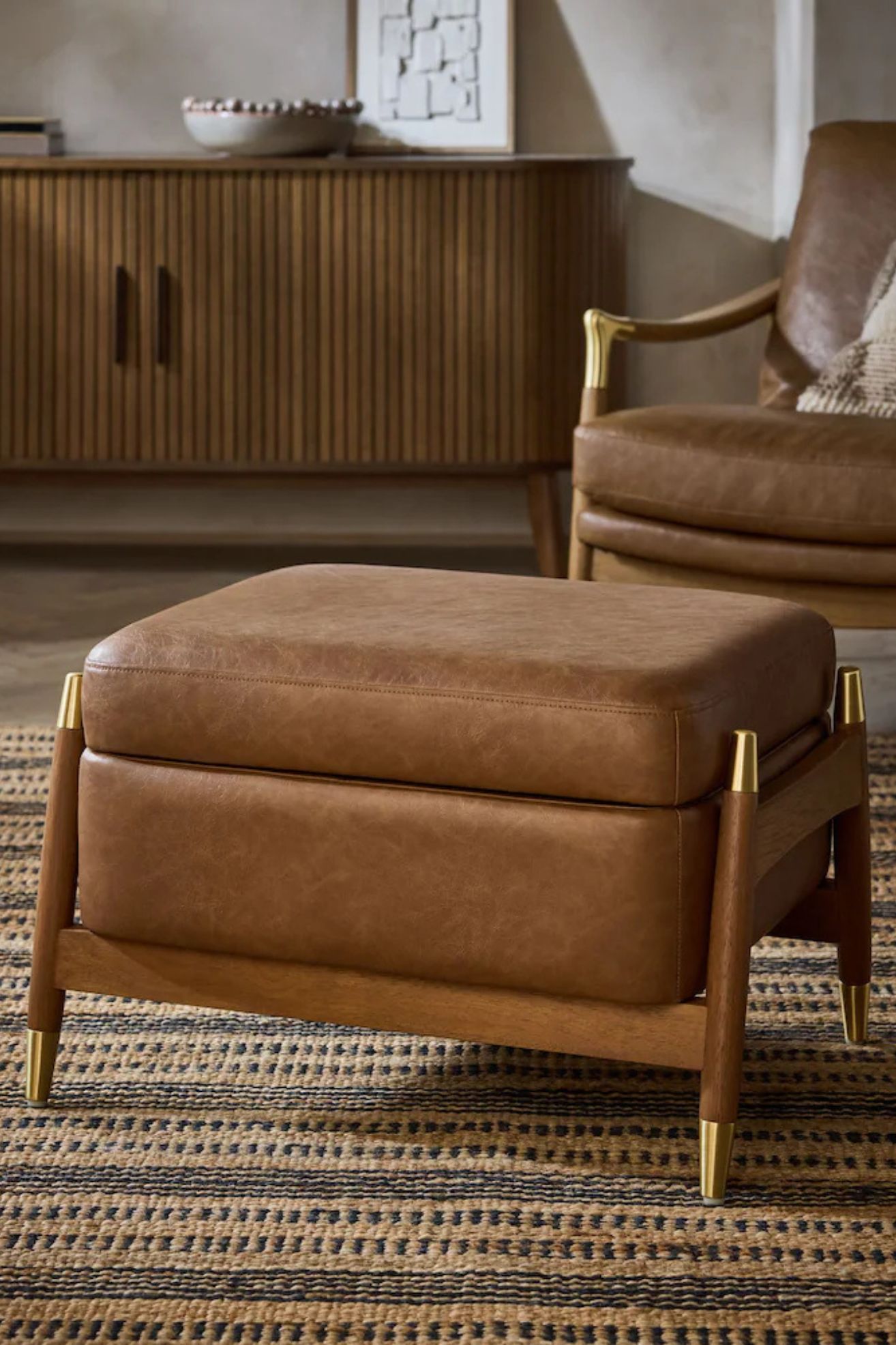 Next, Vintaged Faux Leather Light Brown Flinton Small Wooden Storage Footstool