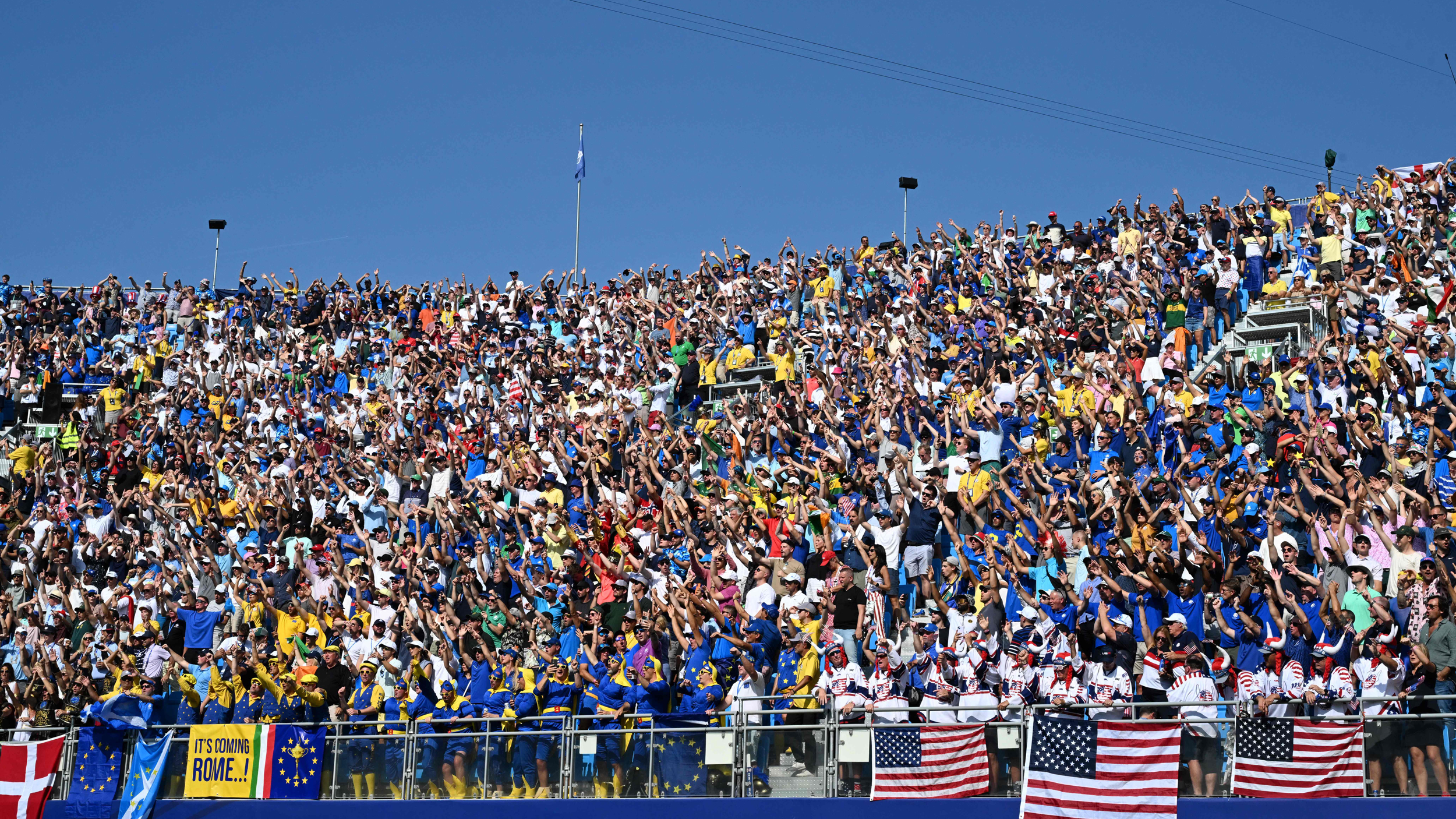 A general shot of the fans surrounding the first tee at Marco Simone during the 2023 Ryder Cup