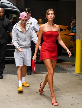 Justin Bieber and Hailey Bieber arrive at Krispy Kreme in Times Square on August 28, 2023 in New York City