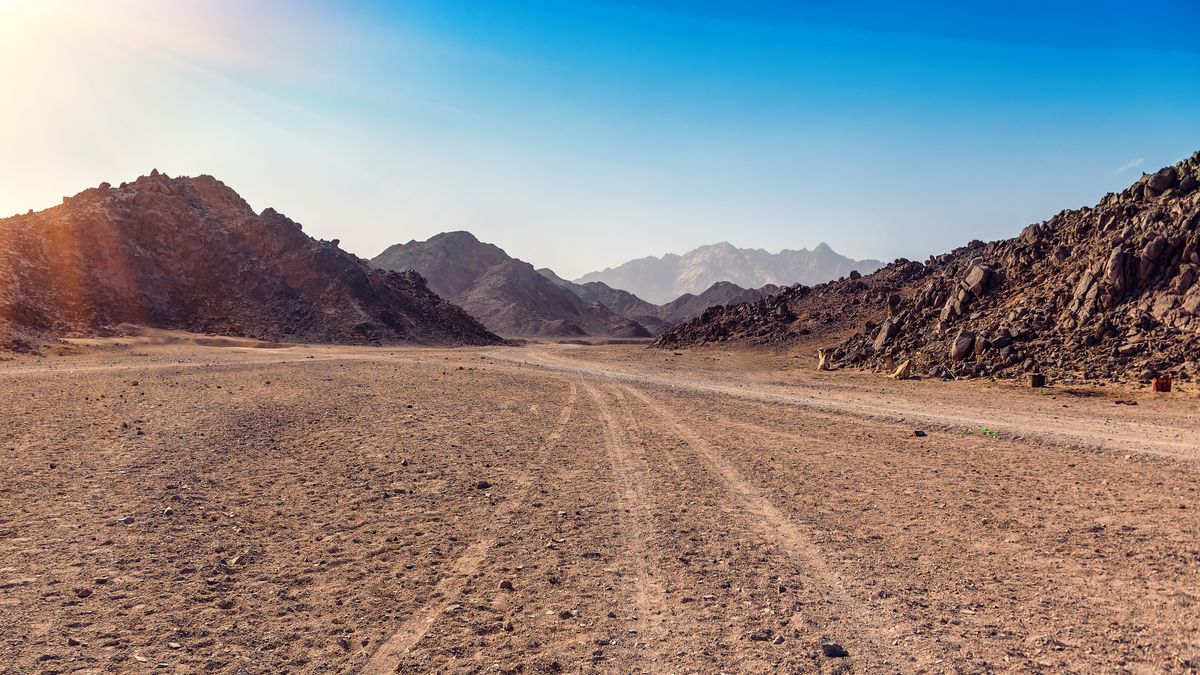 Desert track heading towards mountains