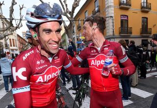 Alberto Losada and Tony Martin celebrate after Martin won stage 2 in Valencia