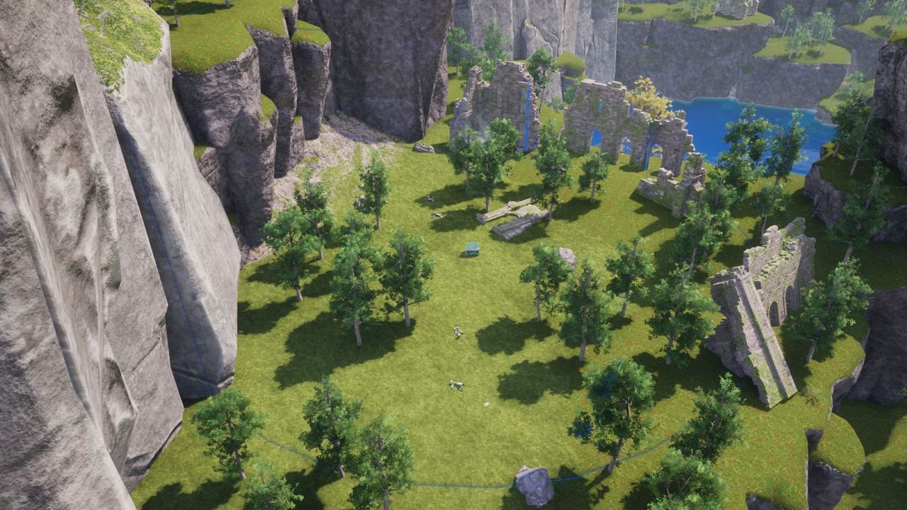 Palworld - A palbox placed in a green field surrounded by ruins.