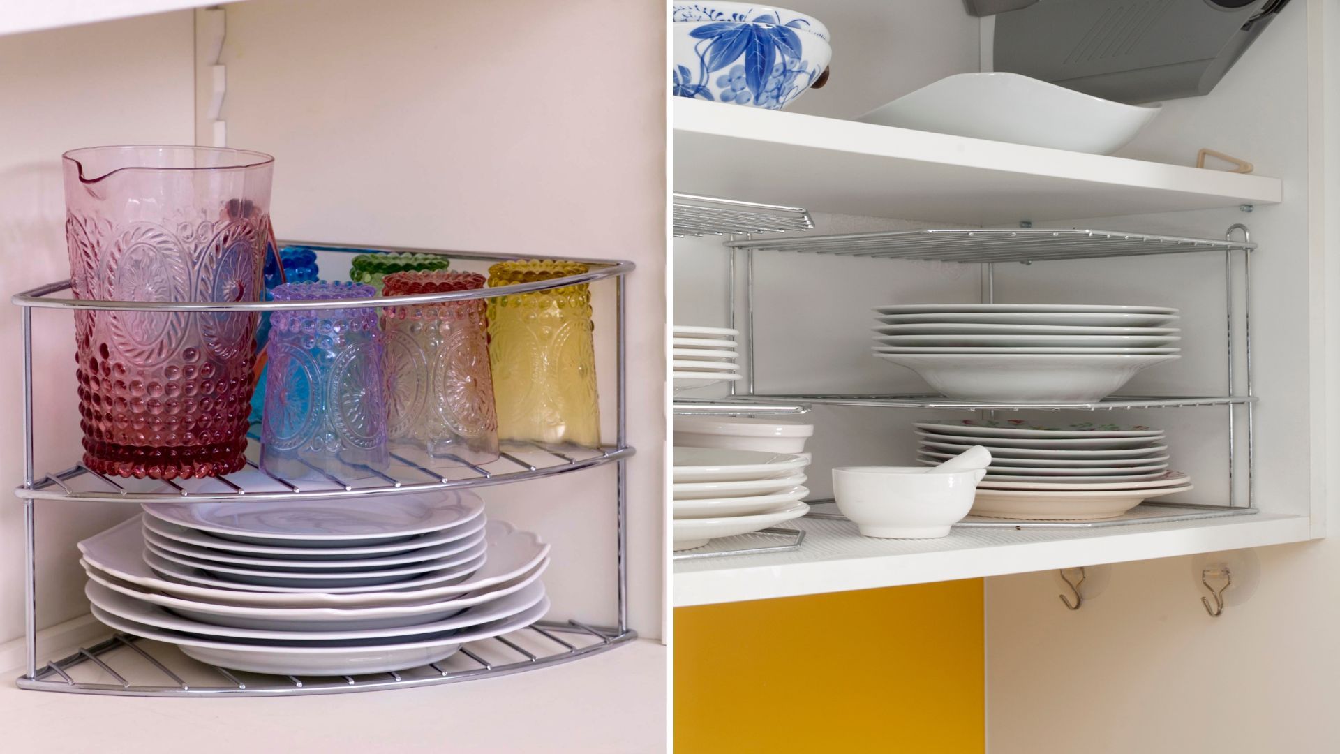 Inside of kitchen cupboards to show shelf stack corner stoarge to store plates as a more efficient idea for how to organize kitchen cabiinets