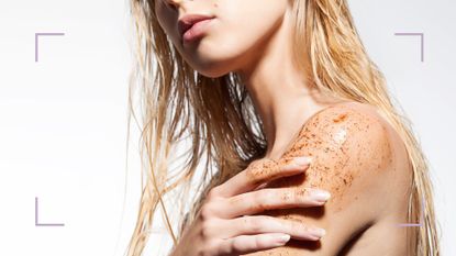How often should you exfoliate your body? Model exfoliating arm against a white background