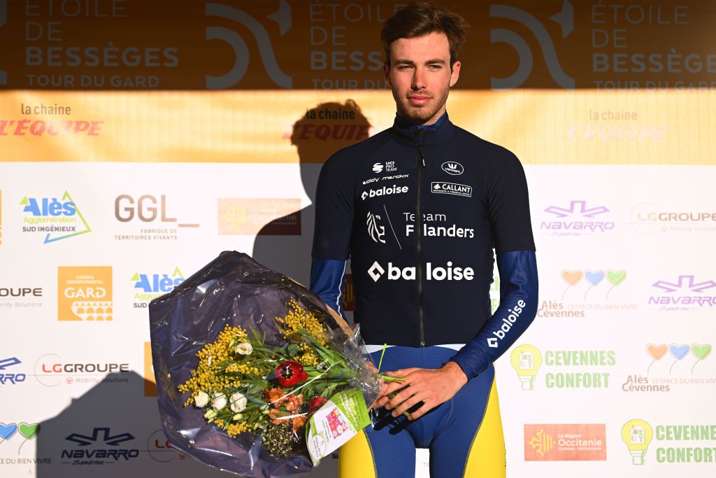 BROUZET LES ALES FRANCE FEBRUARY 04 Vito Braet of Belgium and Team Flanders Baloise Blue Mountain Jersey celebrates at podium during the 53rd Etoile de Besseges Tour Du Gard 2023 Stage 4 a 1475km stage from SaintChristolLzAls to Le Mont Bouquet Brouzet ls Als 616m EDB2021 on February 04 2023 in SaintChristolLzAls France Photo by Luc ClaessenGetty Images