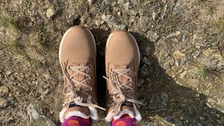 A hiker's feet on the trail wearing tan boots