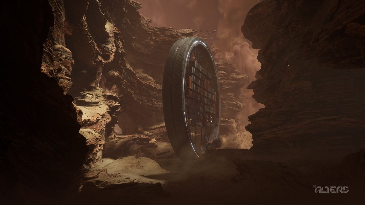 The Alters game screenshot of a circular base sitting in a rocky ravine