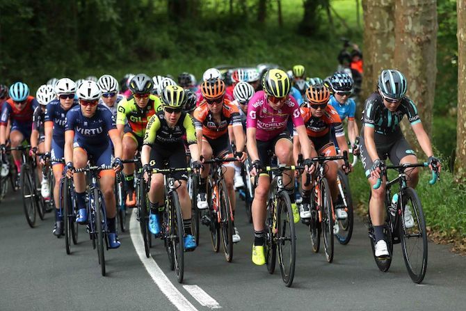Women's WorldTour leader Annemiek van Vleuten guides Mitchelton-Scott teammate Amanda Spratt towards her later win on stage 2 of the 2019 Emakumeen Bira