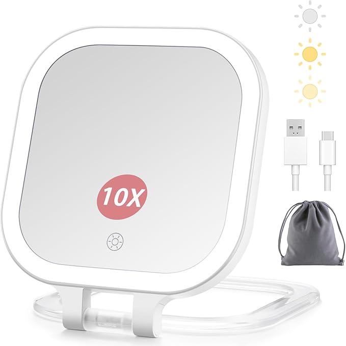 DESCHEN, Deschen Rechargeable Travel Makeup Vanity Mirror With Lights and Magnification, Portable 1x/10x Magnifying Mirror With 3 Color Light, Lighted Makeup Mirror With Magnification, Folding Led Desk Mirror