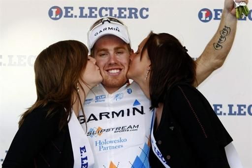 Tyler Farrar (Garmin-Slipstream) celebrates on the podium after winning the opening stage of Franco-Belge.