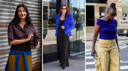 Street style shots of three women styling cobalt blue