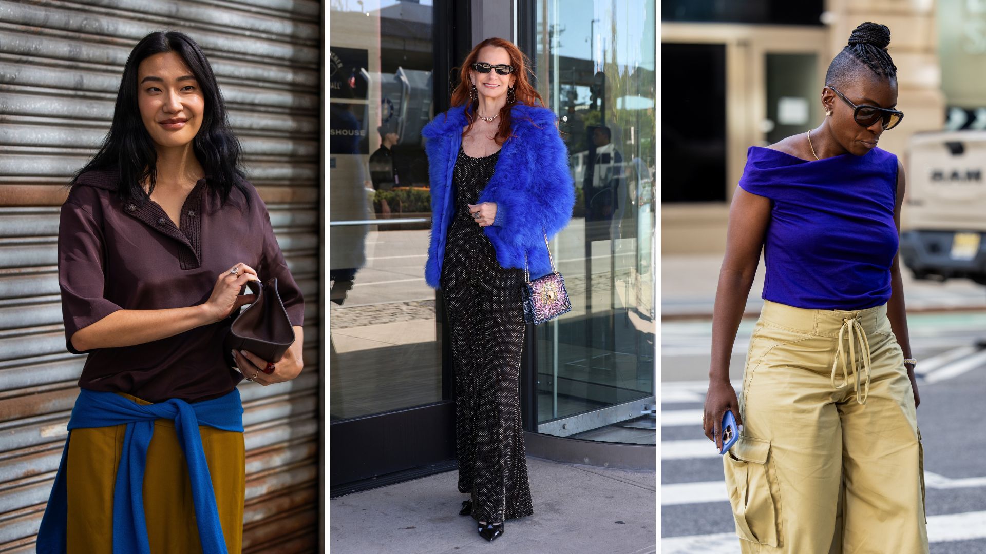 Street style shots of three women styling cobalt blue