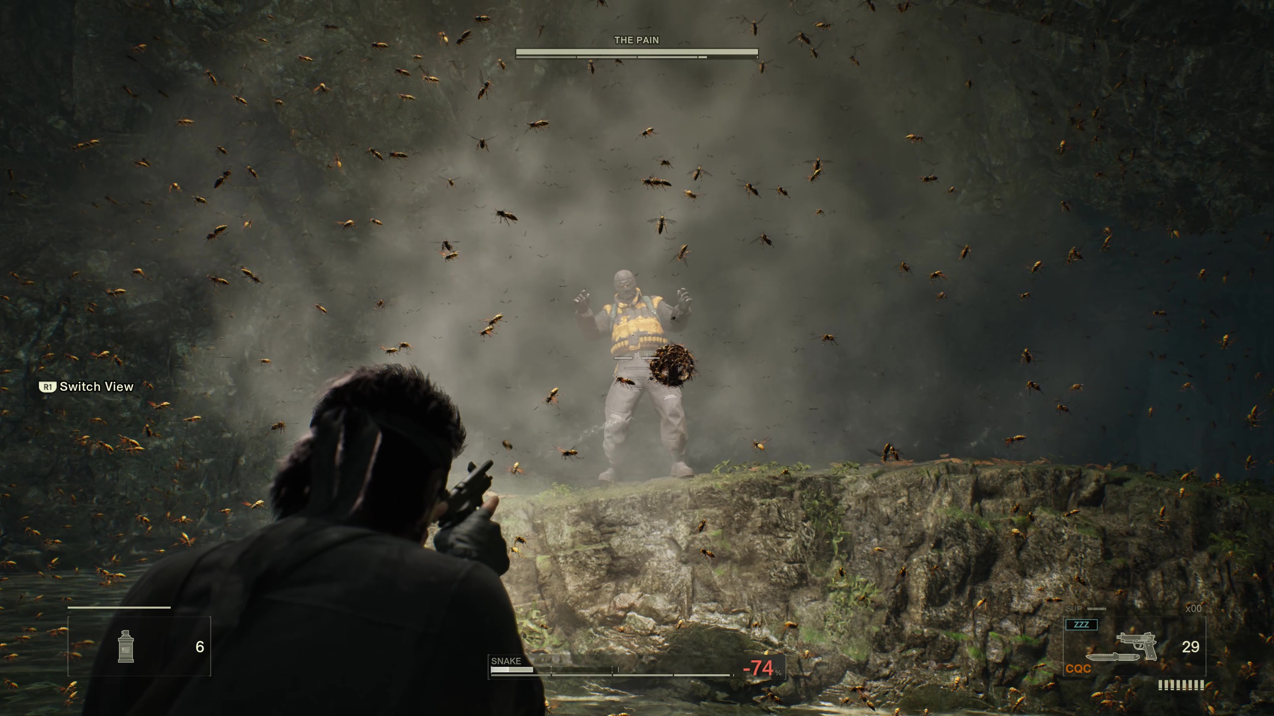 Snake shoots at The Pain in Metal Gear Solid Delta: Snake Eater who is covered in smoke