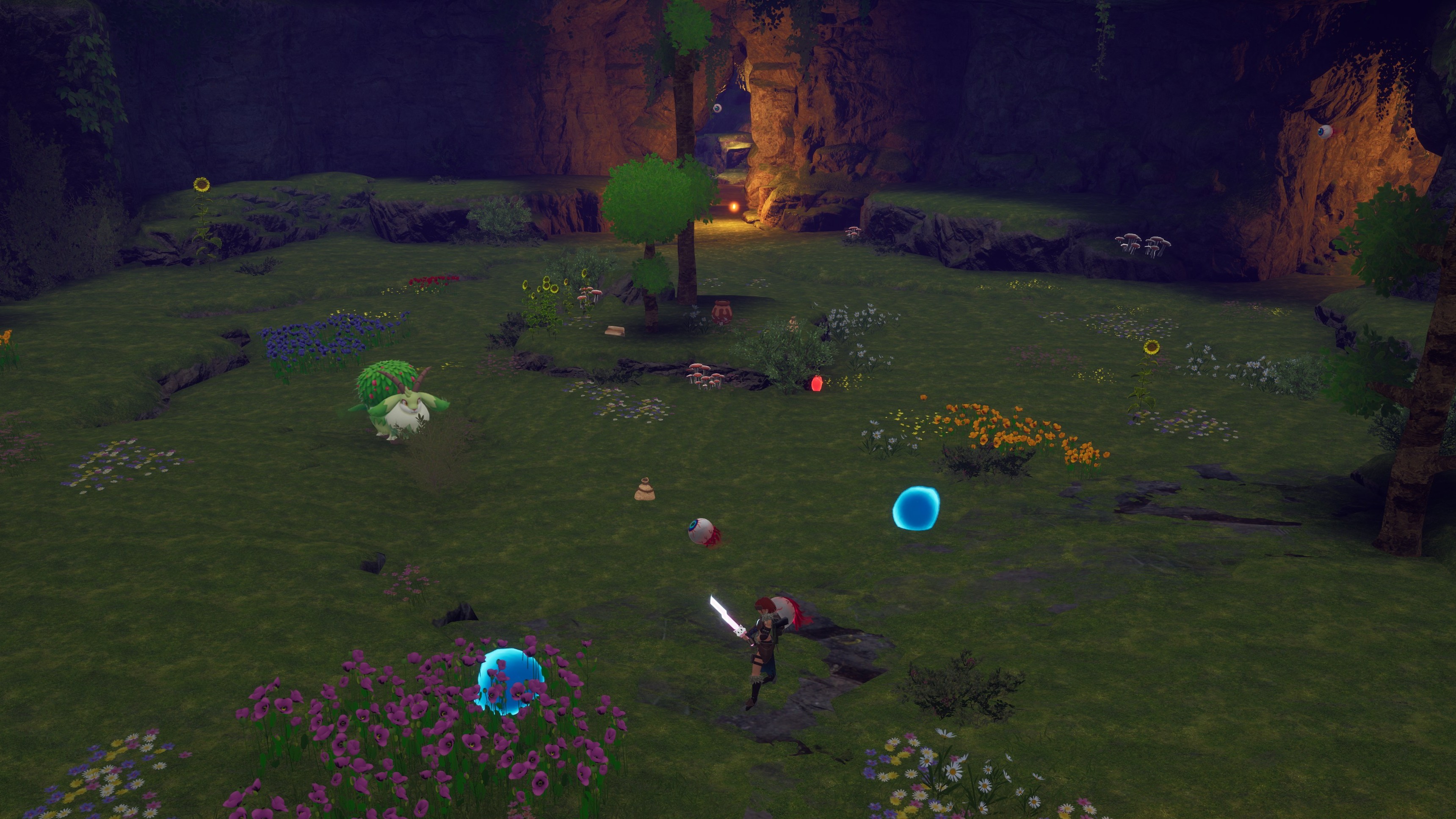 Wide-angle shot of the Terraria dungeon map in Palworld, showing grassy green areas like Terraria's early game. 