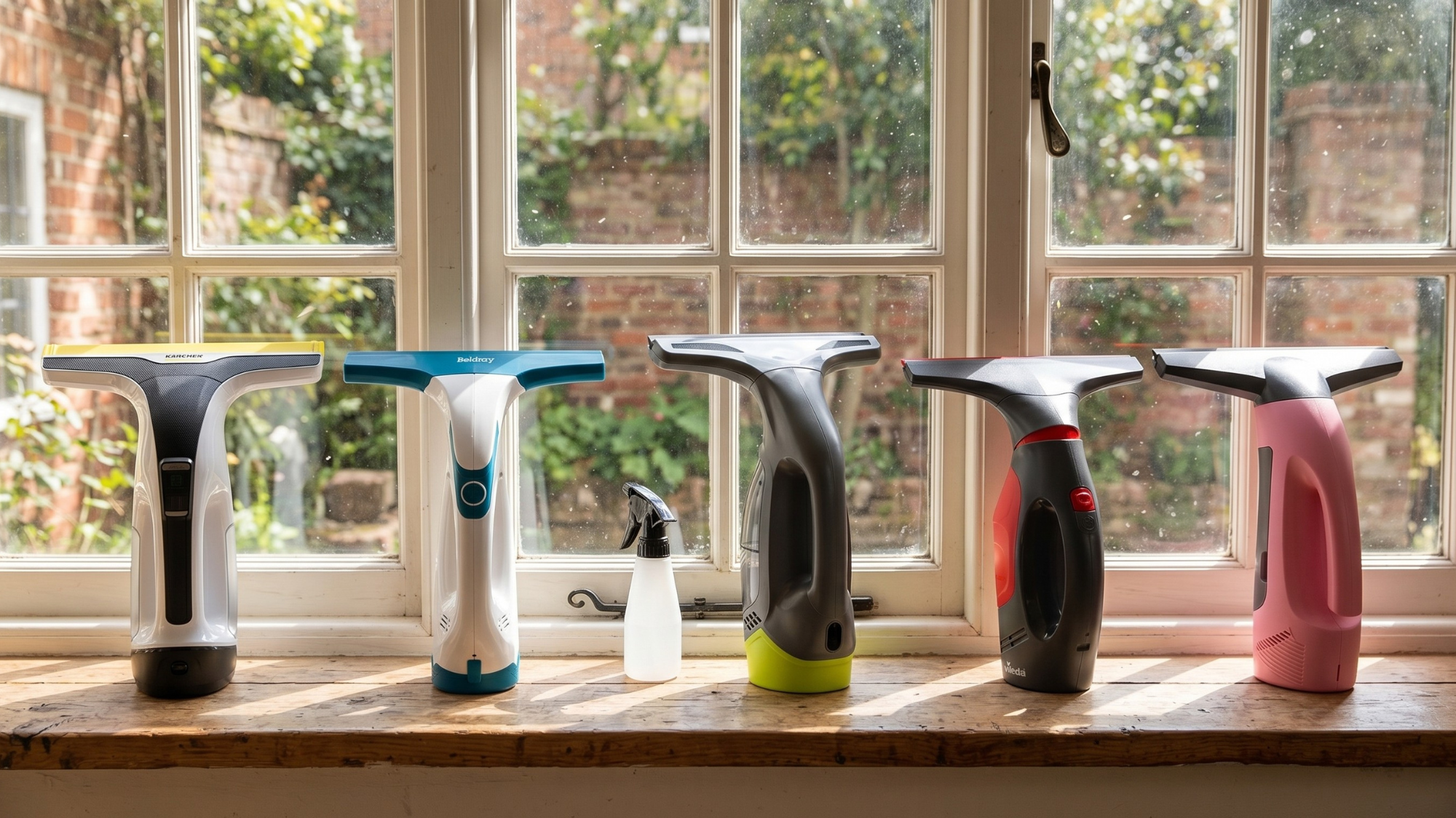Five of the best window vacs lined up on a wooden window sill with a window behind facing a garden