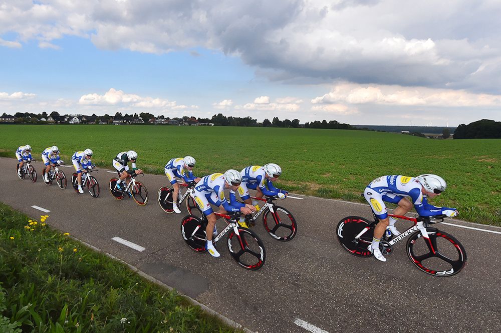 Topsport Vlaanderen - Baloise in action during the stage 5 team time trial at Eneco Tour