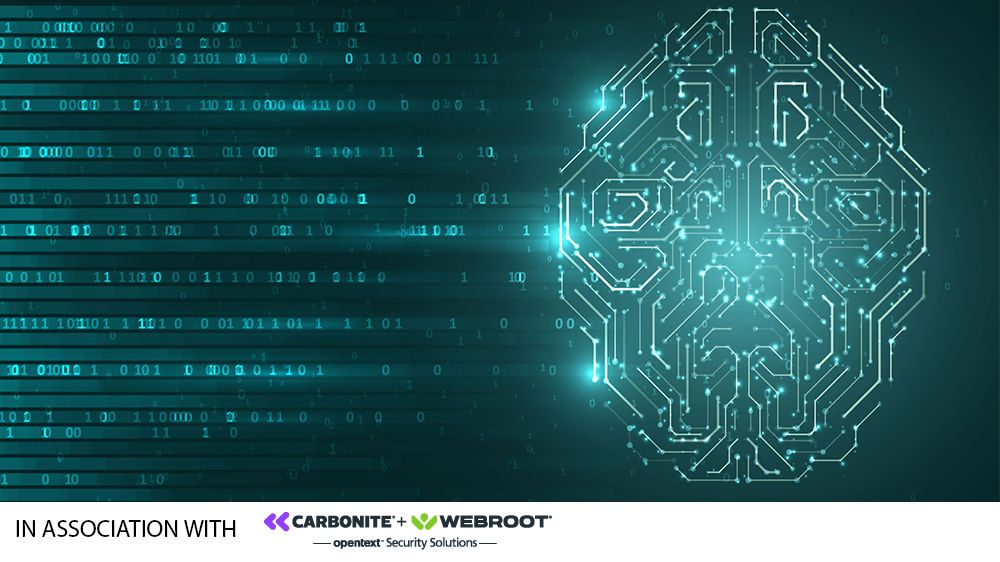 A digital brain made up of numbers with &amp;#039;Carbonite + Webroot&amp;#039; logo along the bottom