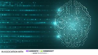 A digital brain made up of numbers with 'Carbonite + Webroot' logo along the bottom