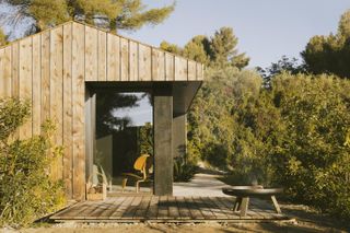 Exterior view of timber Pine Nut Cabane, a French cabin by daab design