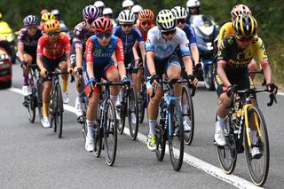 RODEZ FRANCE JULY 26 LR Alice Maria Arzuffi of Italy and Team CERATIZITWNT Pro Cycling and Sheyla Gutirrez of Spain and Movistar Team compete during the 2nd Tour de France Femmes 2023 Stage 4 a 1771km stage from Cahors to Rodez 572m UCIWWT on July 26 2023 in Rodez France Photo by Tim de WaeleGetty Images
